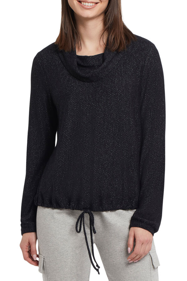 Sporty Drawstring Pull-Over Cowl Sweater , Black, original image number 0