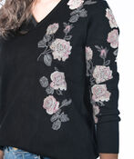 Sparkly Pink Florals V-Neck Rhinestones Sweater , Black, original image number 3