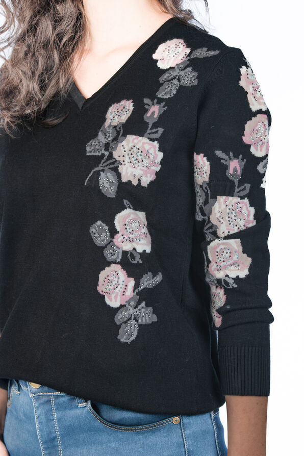Sparkly Pink Florals V-Neck Rhinestones Sweater , Black, original image number 3