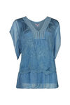 Short Sleeve Silk Embroidered Blouse , Blue, original image number 0