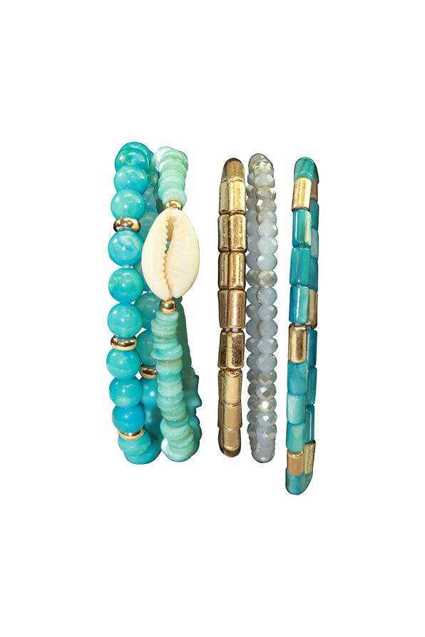 Five Pack Turquoise Shell Beaded Stretch Bracelets, Turquoise, original image number 0
