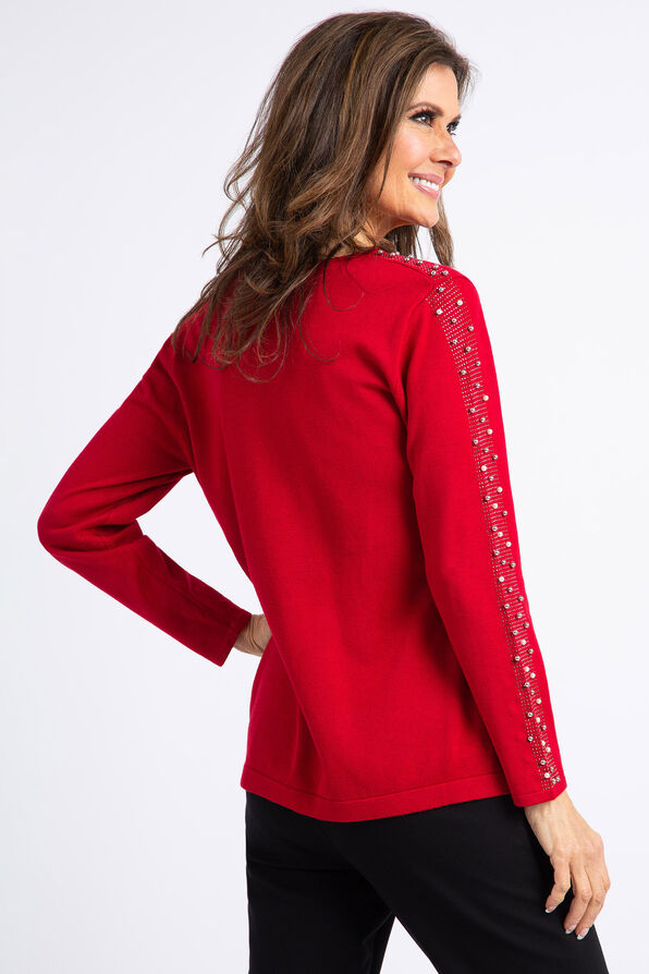 Long Sleeve Embellished Trim Sweater, Red, original image number 2