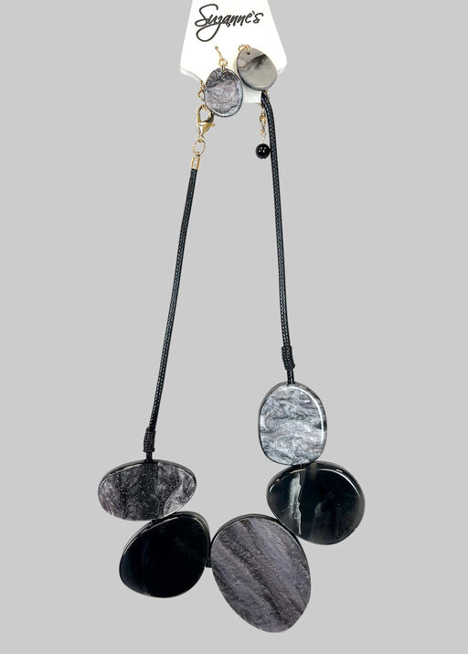 Greyish Black Marble Necklace Jewelry Set, Grey, original
