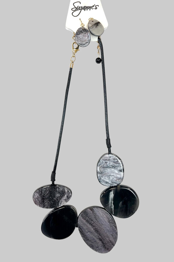 Greyish Black Marble Necklace Jewelry Set, Grey, original image number 0