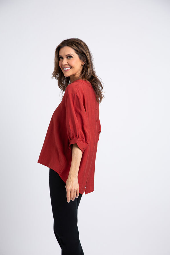 Elbow Sleeve Button-Up High-Low Blouse , Rust, original image number 2