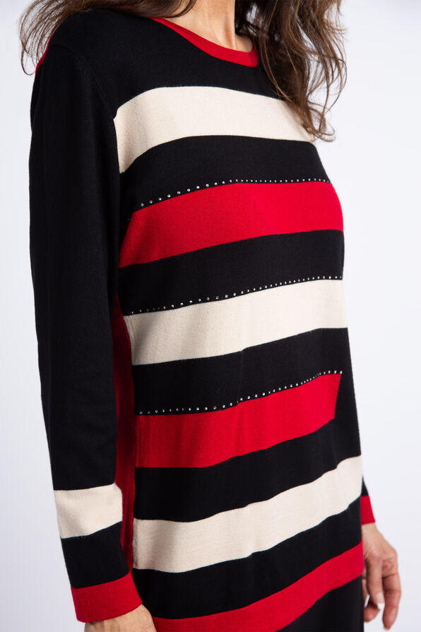 Striped Hotfix Crewneck Sweater , Red, original image number 4