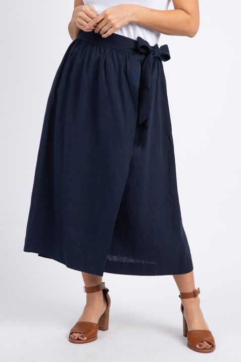 Linen Blend Wrap Midi Skirt, Navy, original