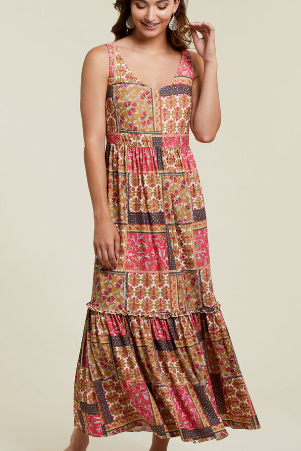 Tiered Patchwork Print Maxi Dress, Multi, original image number 0