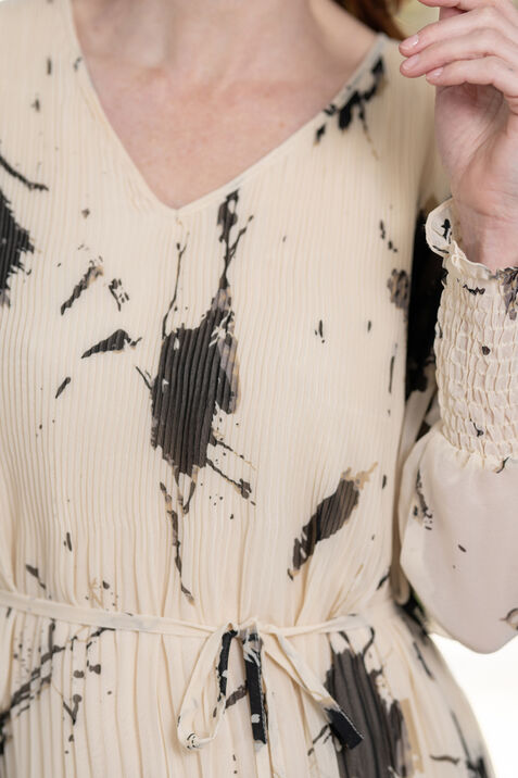 Long Sleeve Pleated Chiffon Dress, Cream, original