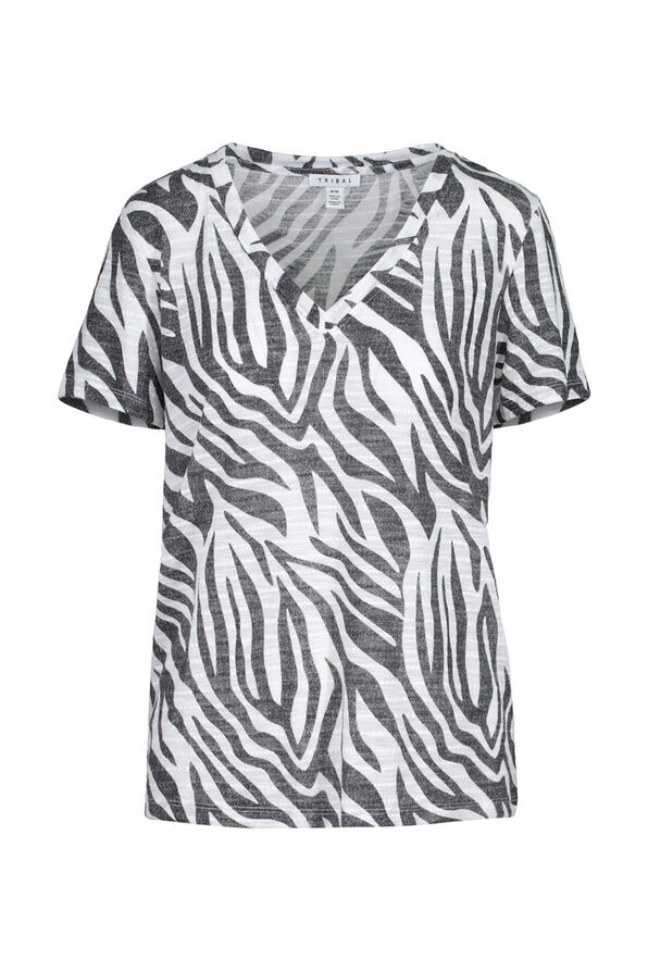 Zebra Print V-Neck T-Shirt, Black, original image number 0