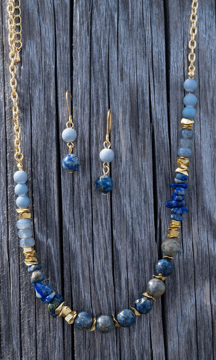 Blue & Gold Beaded Necklace Set , Gold, original