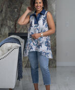Sleeveless Collared Button-Up Top, Blue, original image number 0