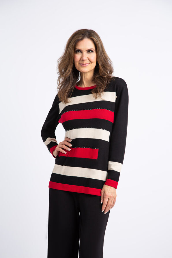 Striped Hotfix Crewneck Sweater , Red, original image number 0