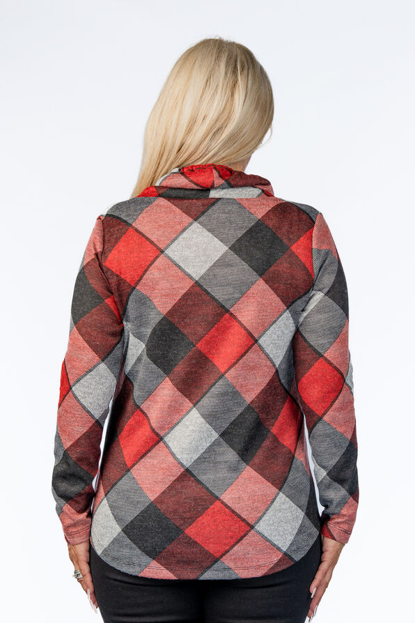 Plaid Cowl Sweater, Red, original image number 1