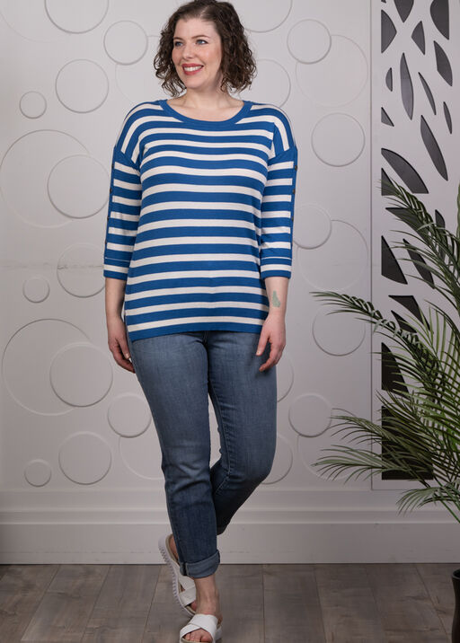 Striped Crewneck Top with Side Buttons, Blue, original