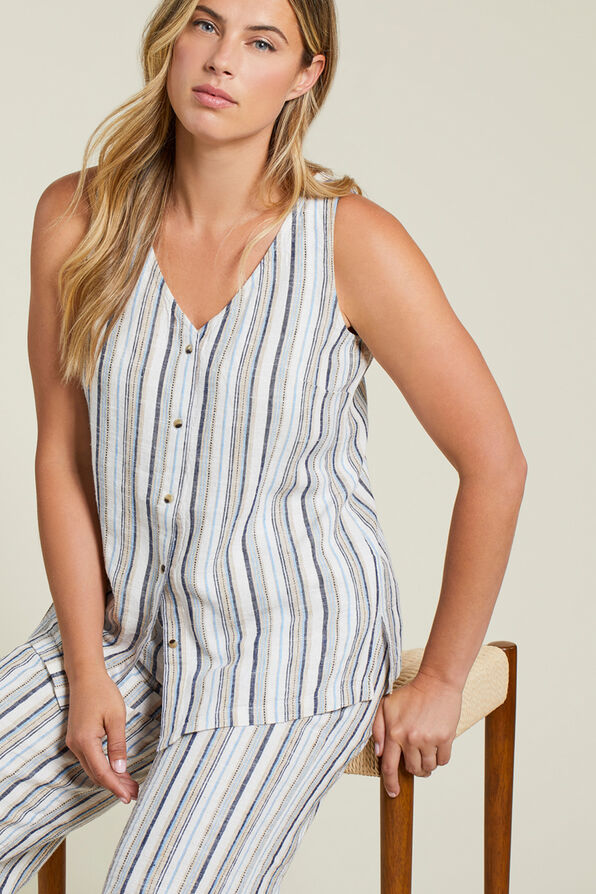 Linen Blend Striped Button-Up Cami, Blue, original image number 0