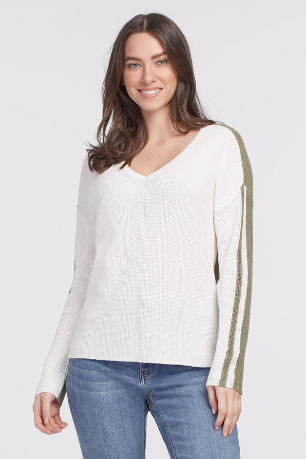 Colorblock V-Neck Sweater, Cream, original image number 0