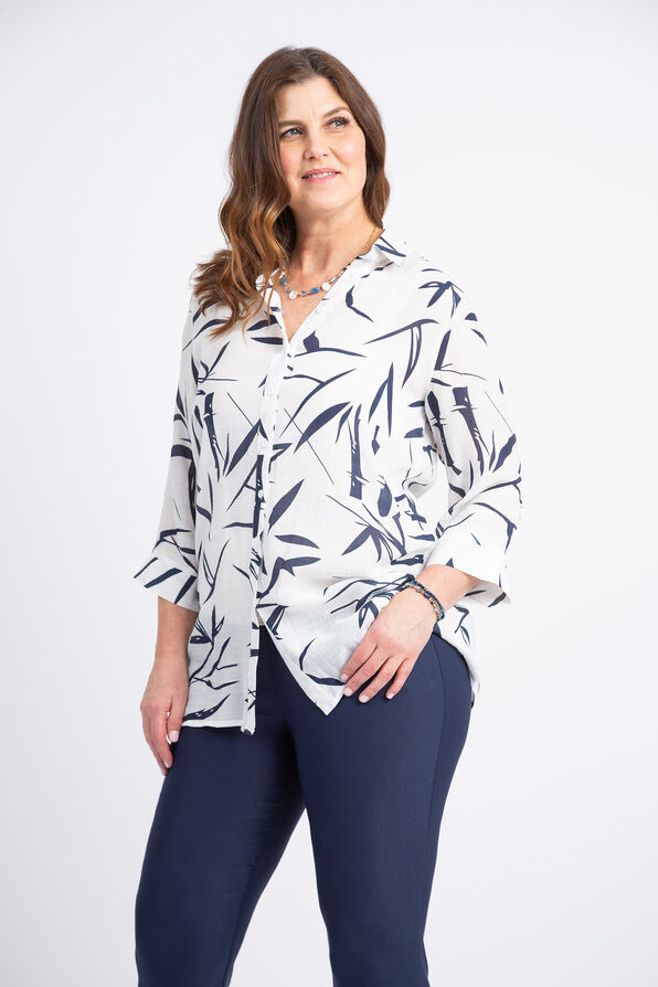 Linen-Look Bamboo Print Blouse, White, original image number 2