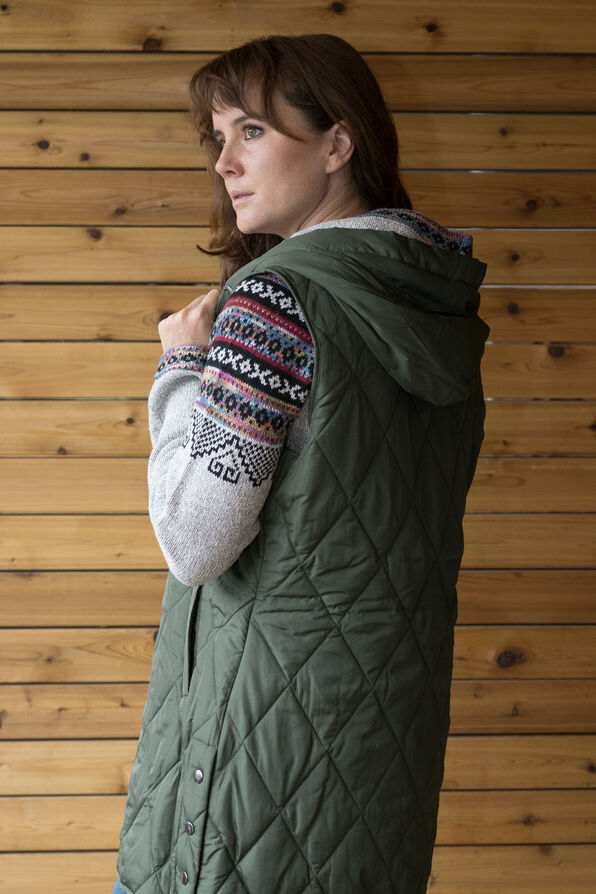 Quilted Diamond Fall-To-Winter Hooded Puffer Vest, Olive, original image number 1