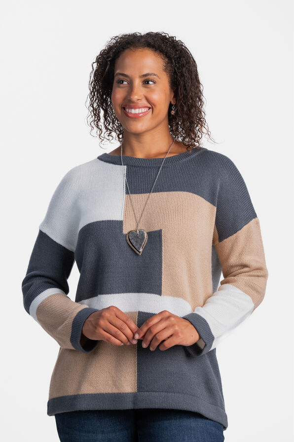 Long Sleeve Color Block Sweater, Navy, original image number 0
