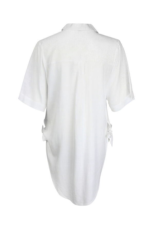 Button Front Blouse with Side Ties Hi-Lo Hem, White, original image number 3