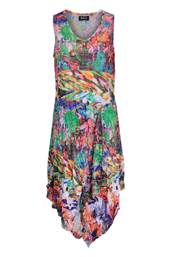 Printed Sleeveless Dress with Asymmetrical Hem, Multi, original image number 0