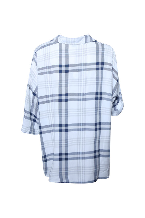 Plaid Button Up T-Shirt with Roll Tab Sleeve, White, original image number 1