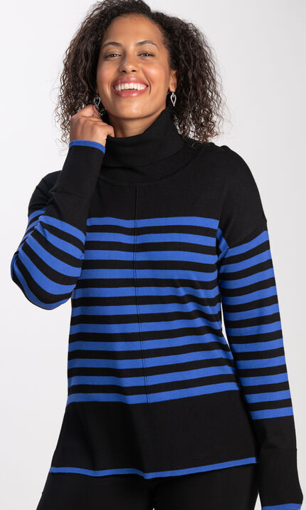 Long Sleeve Striped Cowl Neck Sweater , Blue, original