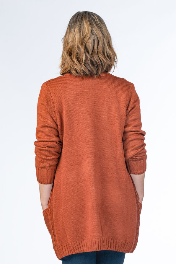 Cable-Knit Button-Up Pocket Cardigan, Rust, original image number 3