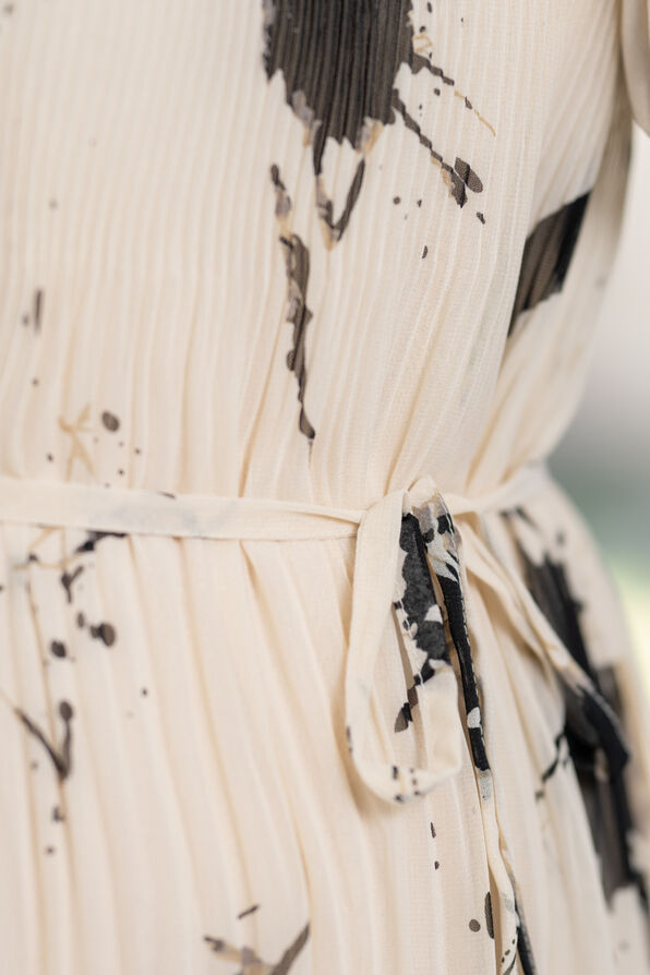 Long Sleeve Pleated Chiffon Dress, Cream, original image number 2