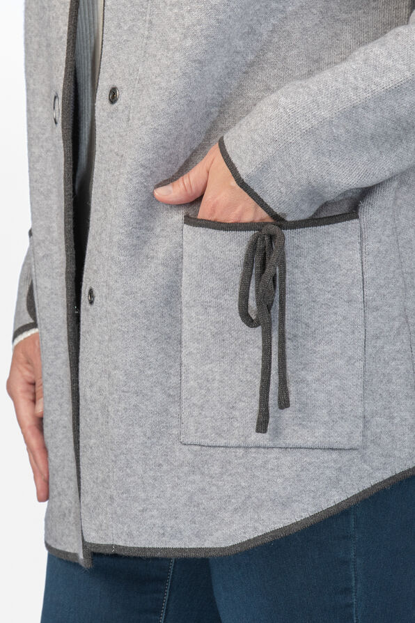 Elegant Button-Up Ribbon Hoodie Jacket, Grey, original image number 2
