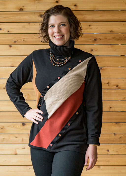 Cowl Turtleneck Sideways-Buttons Slanted-Colorblock Sweater, Black, original