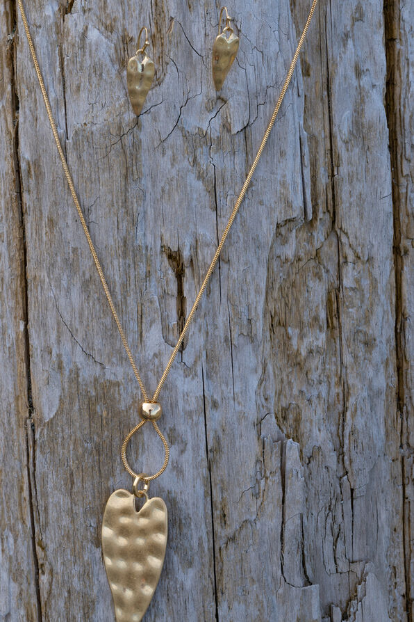 Hammered Heart Long Necklace Set , Gold, original image number 0