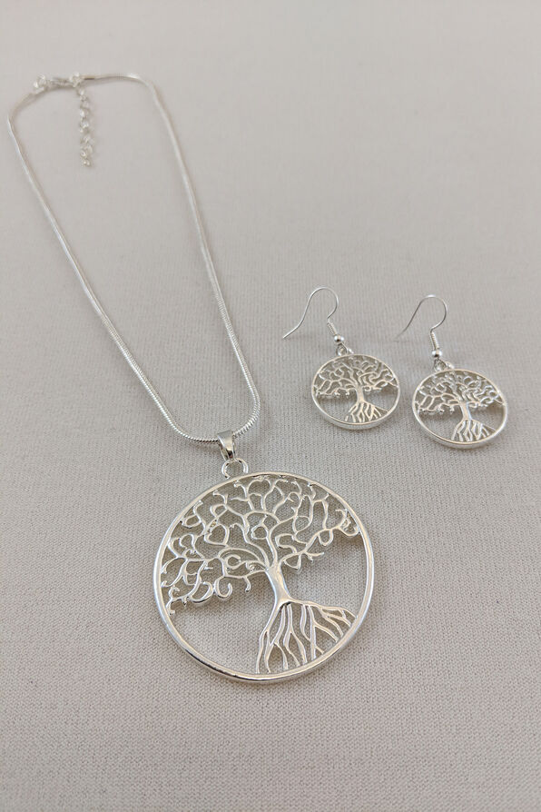 Tree of Life Necklace and Earrings Set, Silver, original image number 0