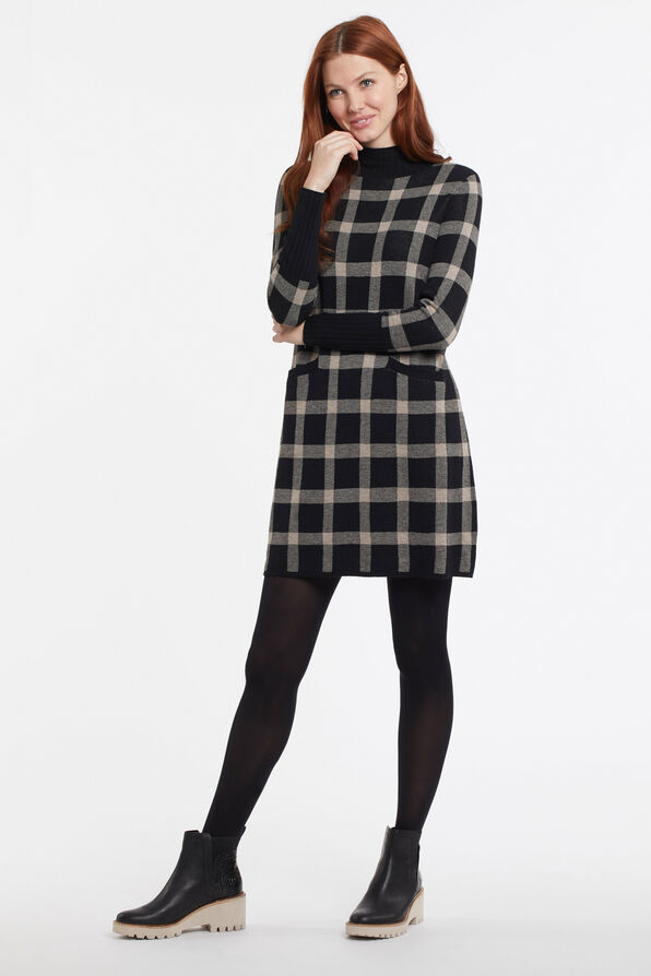 Checkered Turtleneck Sweater Dress, Taupe, original image number 0