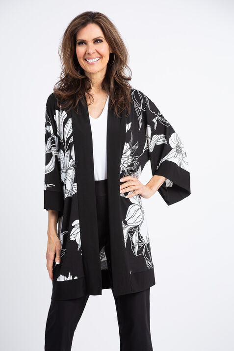 Floral Print Kimono Sleeve Cardigan, Black, original