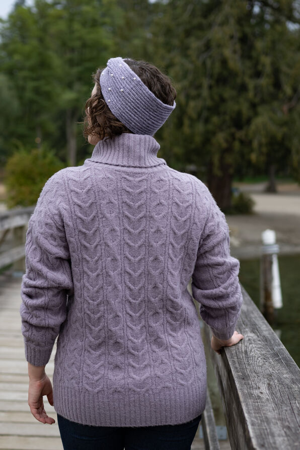 Cable-Knit Mossy Ribbed Solid Turtleneck Sweater, Lavender, original image number 1