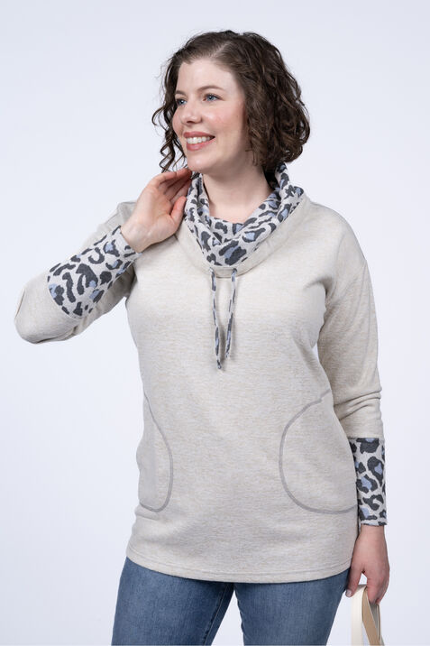 Cowl Collar Animal Print Sweater , Beige, original