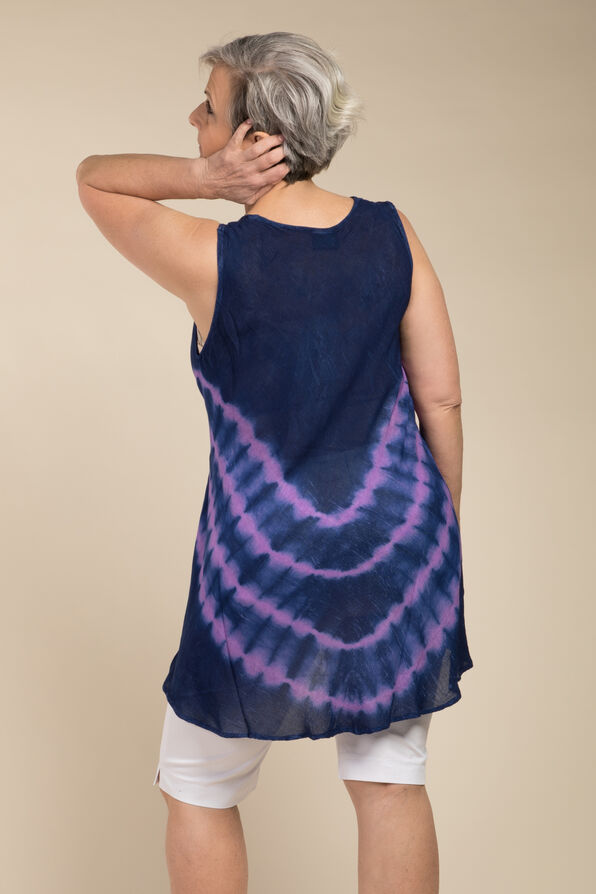 Embroidered Trim Tie Dye Sleeveless Tunic, Blue, original image number 1