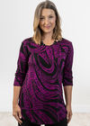 Violet Velvet Spiral Multi-Print U-Hem Shirt-Tail Shirt, Magenta, original image number 0