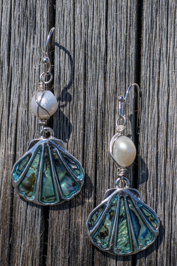 Abalone and Freshwater Pearl Earrings, Silver, original image number 1