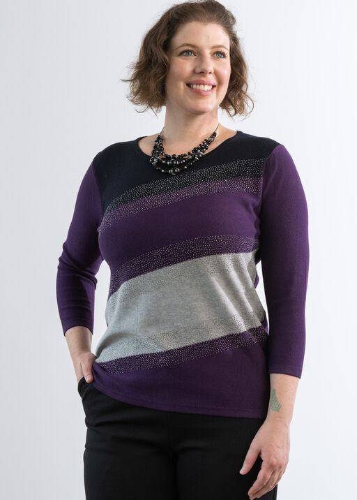 Silver Slanted Rhinestones Purple Colorblock Sweater Shirt , Black, original