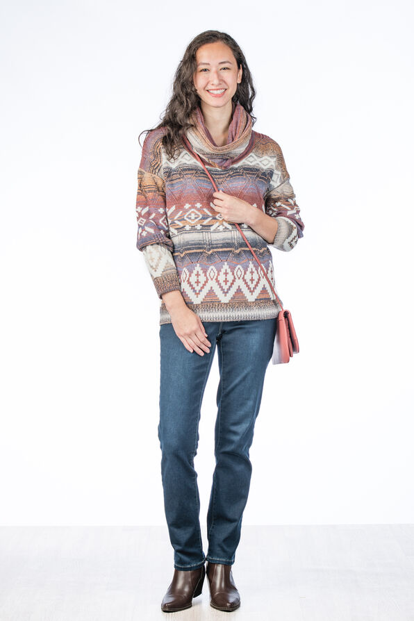 Colorful Cowl Turtleneck Tribal Printed Sweater, Multi, original image number 2