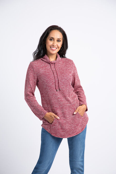 Cowl Neck Knit Sweater w/ Kangaroo Pocket    , Red, original
