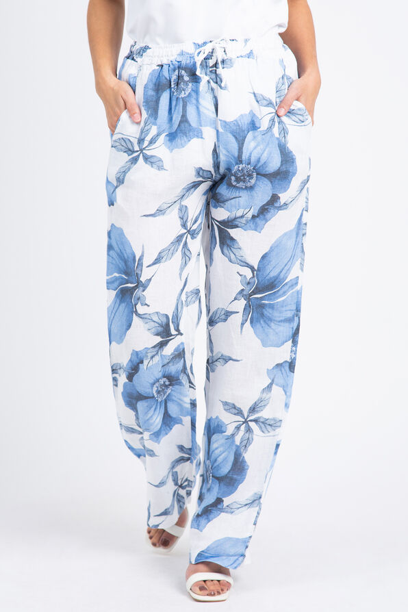 Pull-On Floral Linen Pants, Blue, original image number 0