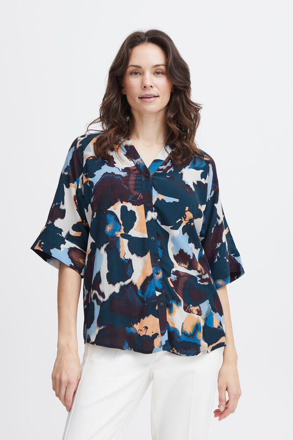 Elbow Sleeve Button-Up Blouse, Blue, original image number 0