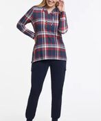 Relaxed Brushed Plaid Lightweight Airy Knit Hoodie Shirt, Red, original image number 0