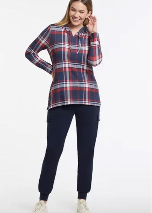 Relaxed Brushed Plaid Lightweight Airy Knit Hoodie Shirt, Red, original