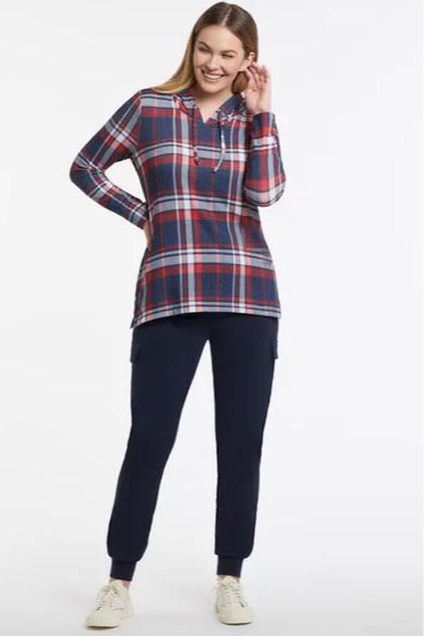 Relaxed Brushed Plaid Lightweight Airy Knit Hoodie Shirt, Red, original image number 0