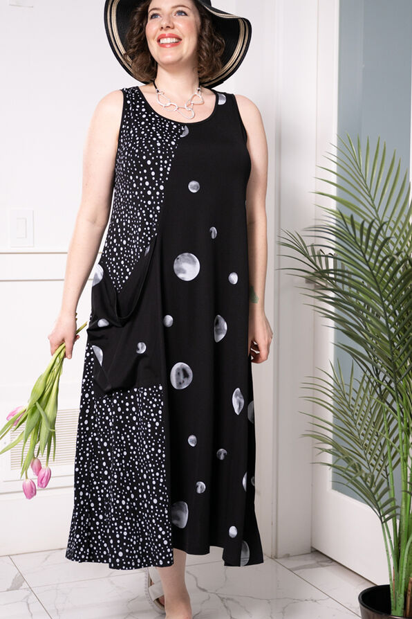 Sleeveless Polka Dot Pocket Dress, Black, original image number 0
